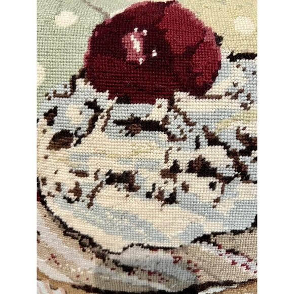 Vtg Wool Needlepoint Cupcake Pillow 15” Square Velvet Back - Picture 2 of 5